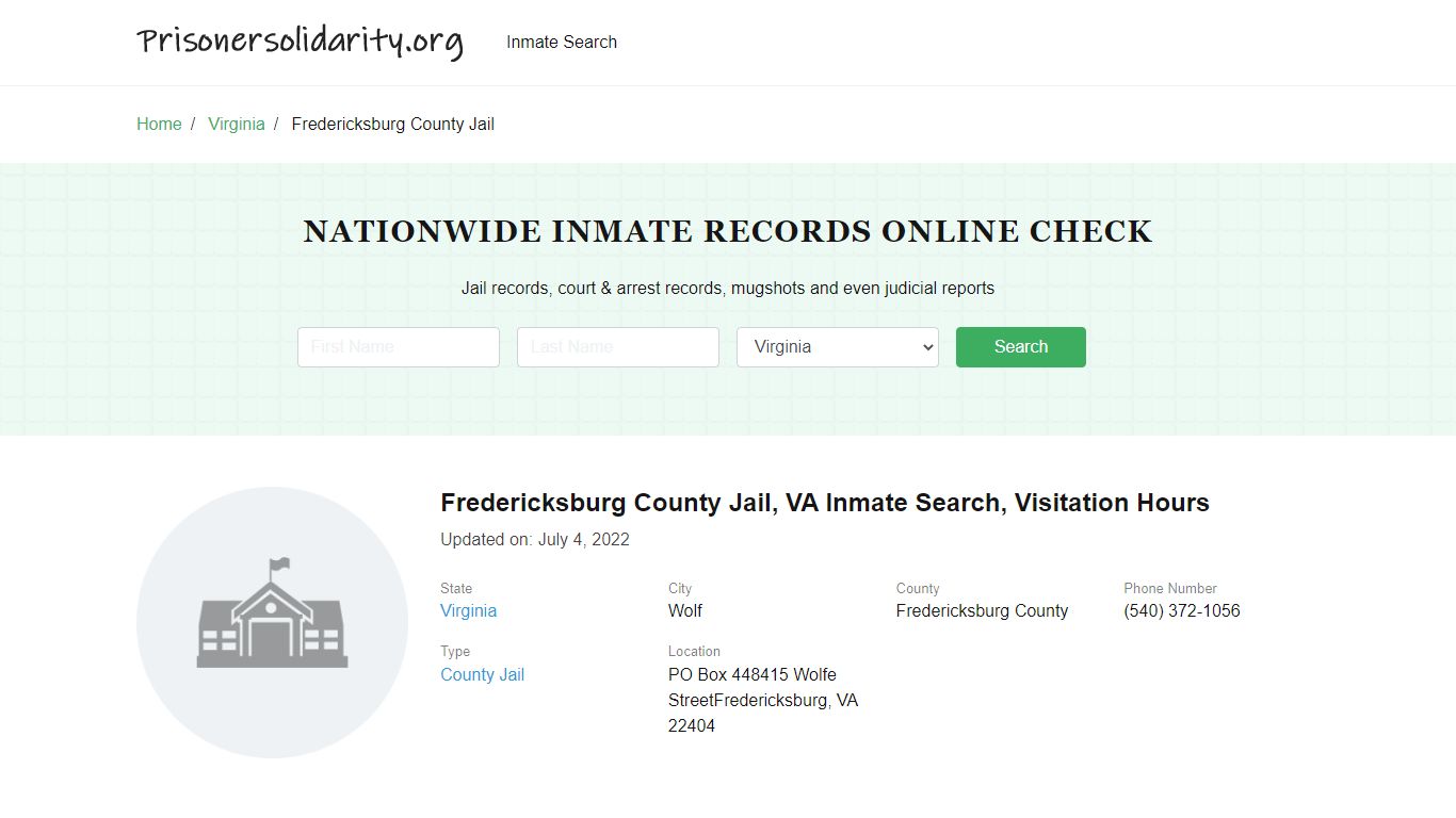 Fredericksburg County Jail, VA Inmate Search, Visitation Hours