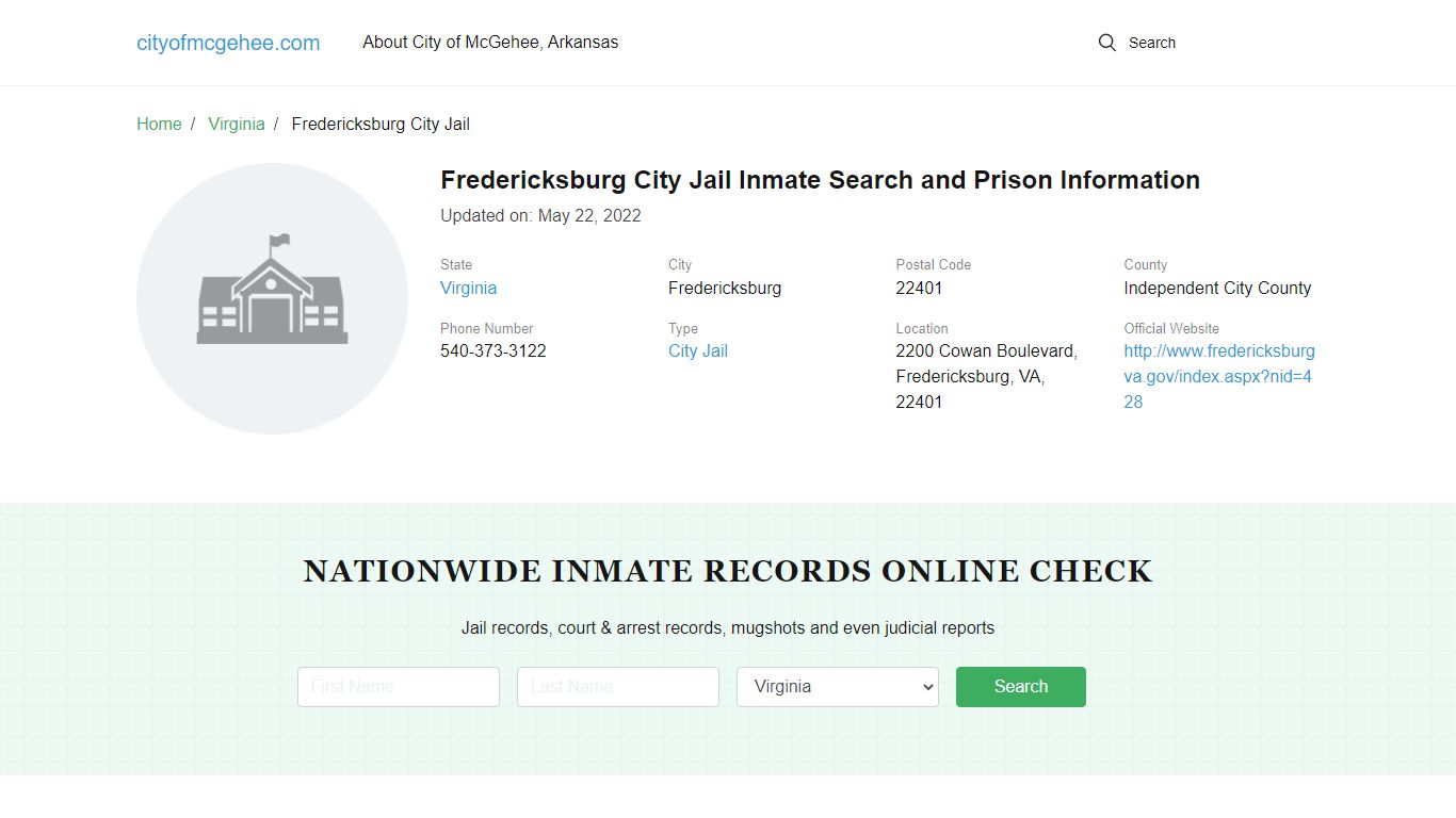 Fredericksburg City Jail Inmate Search and Prison Information