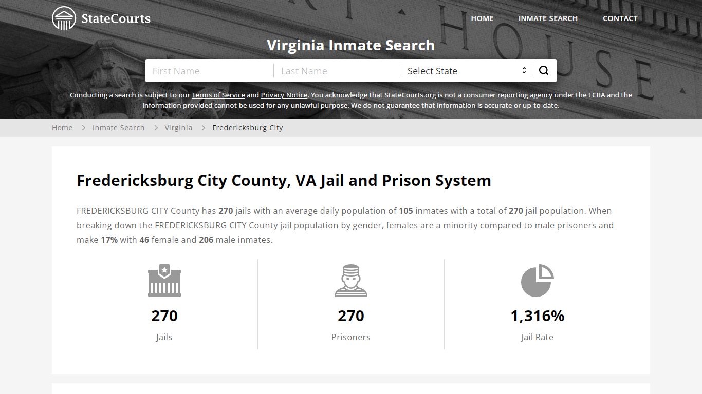 Fredericksburg City County, VA Inmate Search - StateCourts